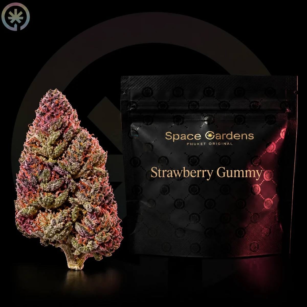 Strawberry Gummy Cannabis Flower packaging at Space Gardens Phuket