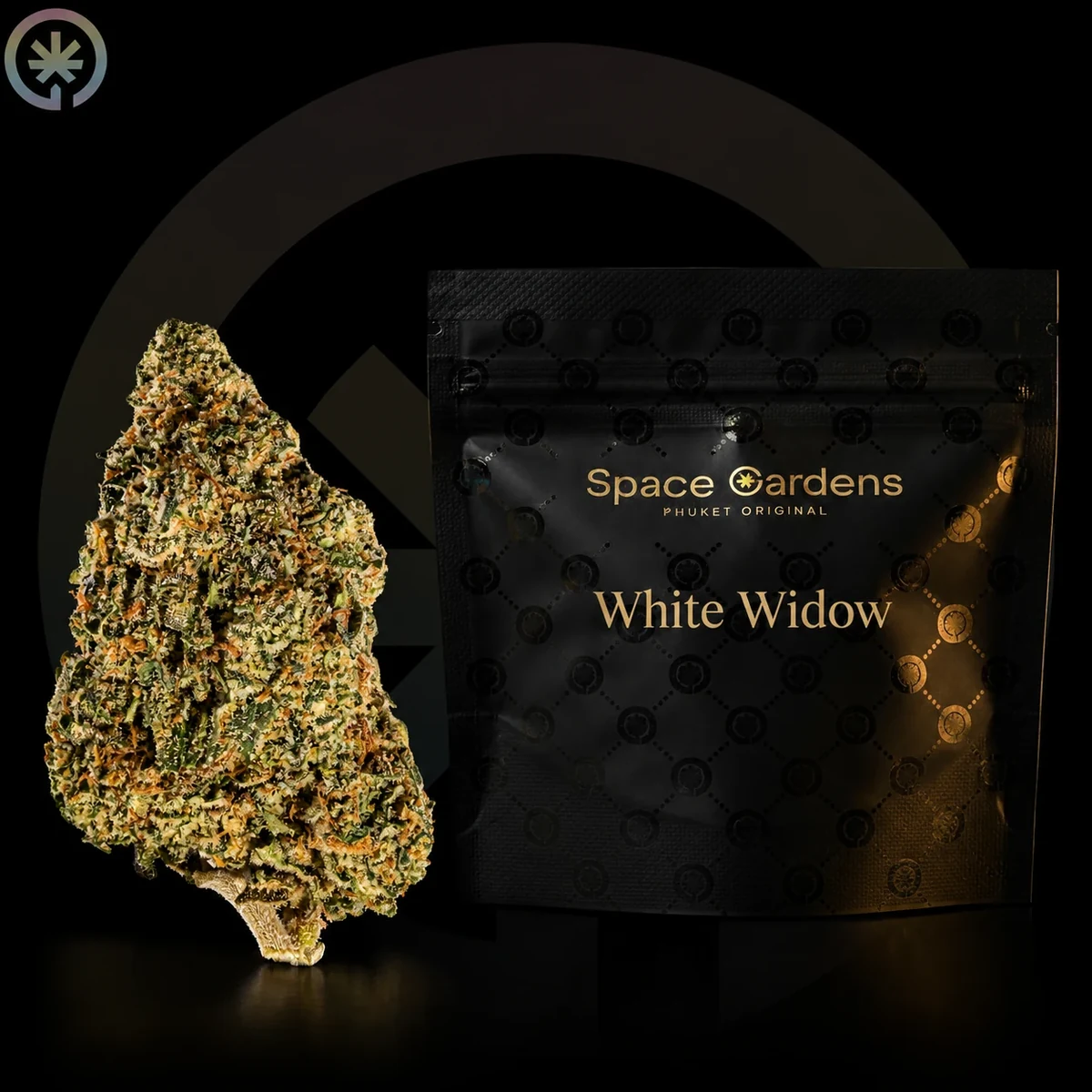 Шишка White Widow рядом с фирменным пакетом Space Gardens